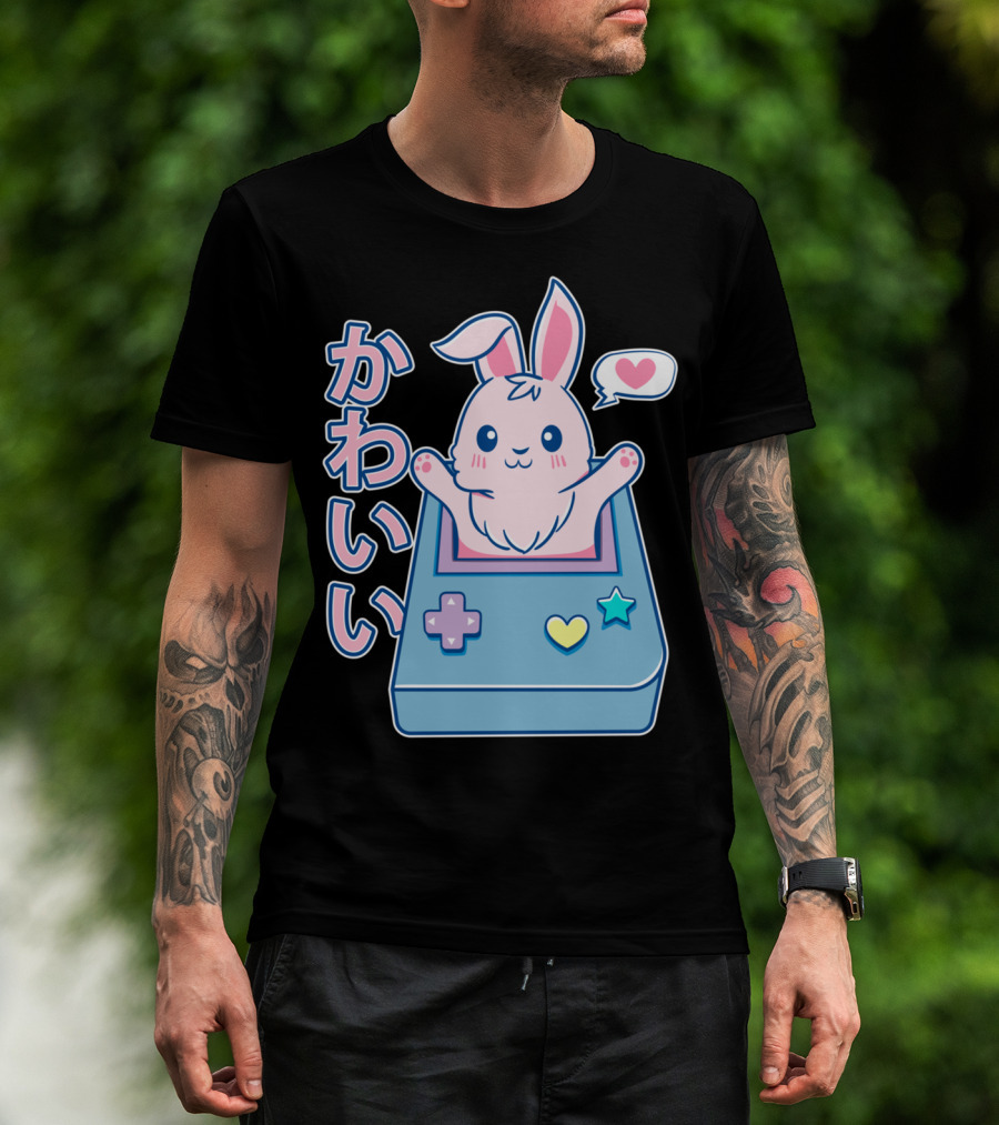 Kawaii Gamer Bunny Rabbit In Pastel Colors With Japanese Text And Game Console T-Shirt