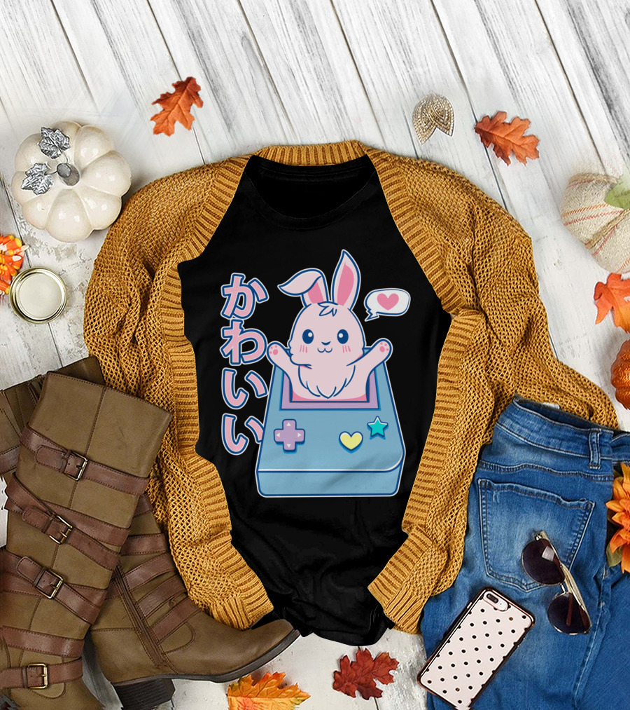 Kawaii Gamer Bunny Rabbit in Pastel Colors with Japanese Text and Game Console T-Shirt