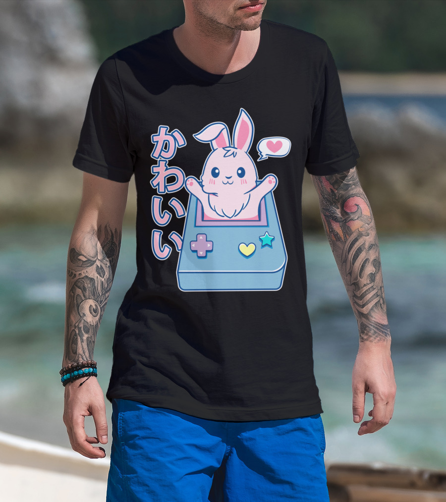 Kawaii Gamer Bunny Rabbit In Pastel Colors With Japanese Text And Game Console T-Shirt