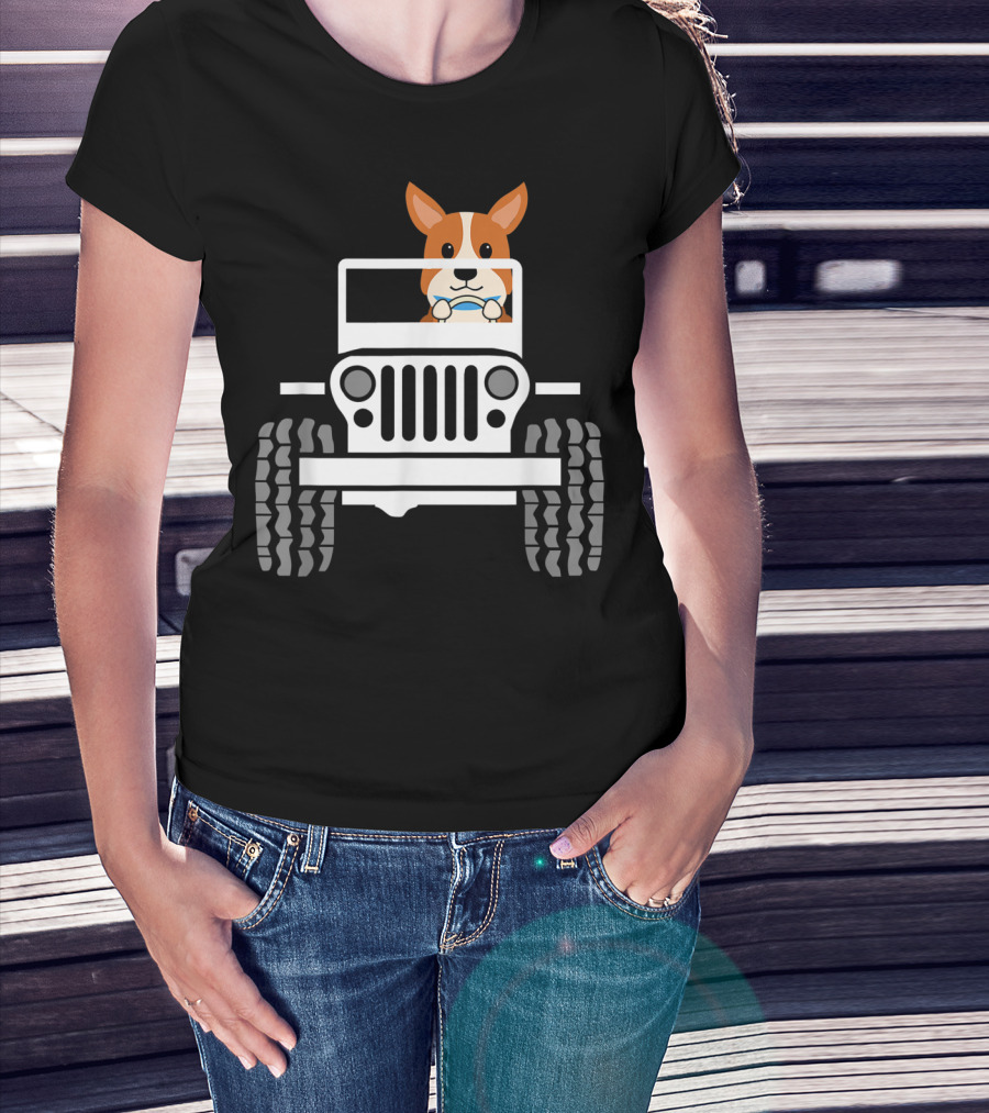 Mens Funny Cute Corgi Jeep Dog T-Shirt