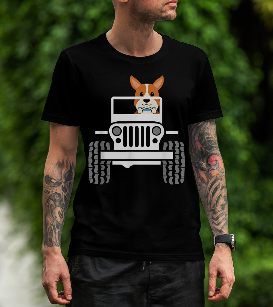 Mens Funny Cute Corgi Jeep Dog T-Shirt