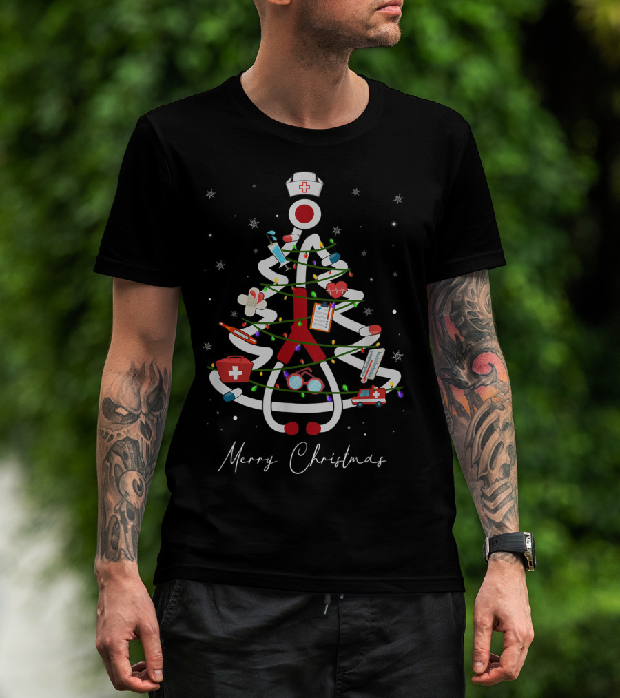 Merry Christmas Nurse Stethoscope Xmas Tree Medical Holiday Decorations T-Shirt