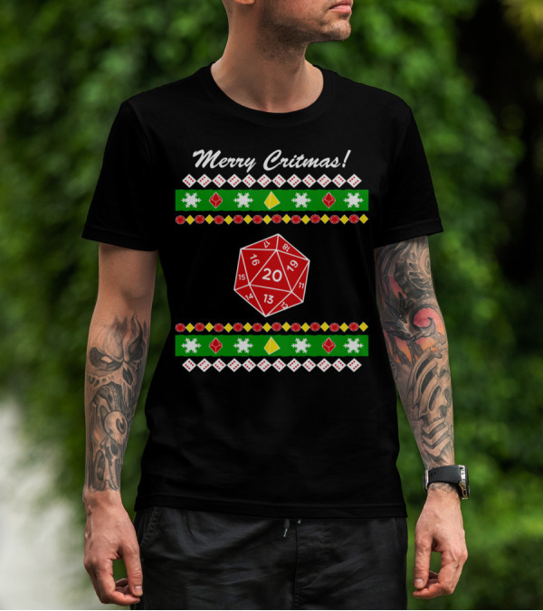 Merry Critmas 20-Sided Dice Dungeon Holiday Game Snowflakes T-Shirt