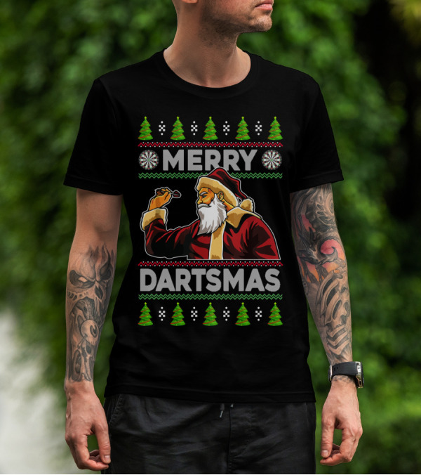 Merry Dartmas Santa Claus Playing Darts With Christmas Trees And Snowflakes T-Shirt
