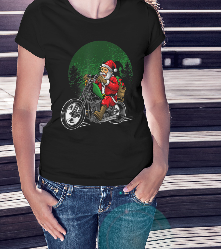 Motorcycle Santa Riding Through Festive Forest T-Shirt