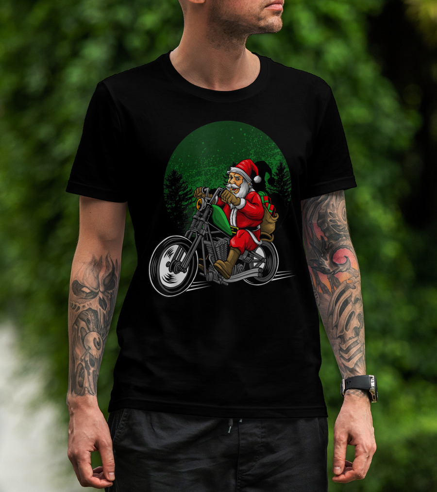 Motorcycle Santa Riding Through Festive Forest T-Shirt