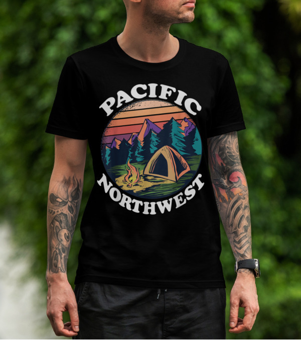 Pacific Northwest Camping Tent Campfire Forest Scene T-Shirt
