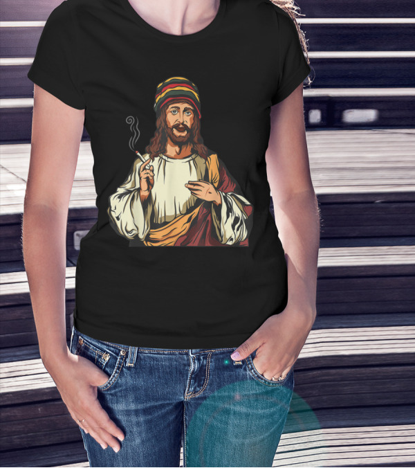 Pot Smoking Jesus Christ Cannabis Weed Rasta Hat Smoking Joint T-Shirt