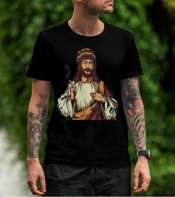 Pot Smoking Jesus Christ Cannabis Weed Rasta Hat Smoking Joint T-Shirt