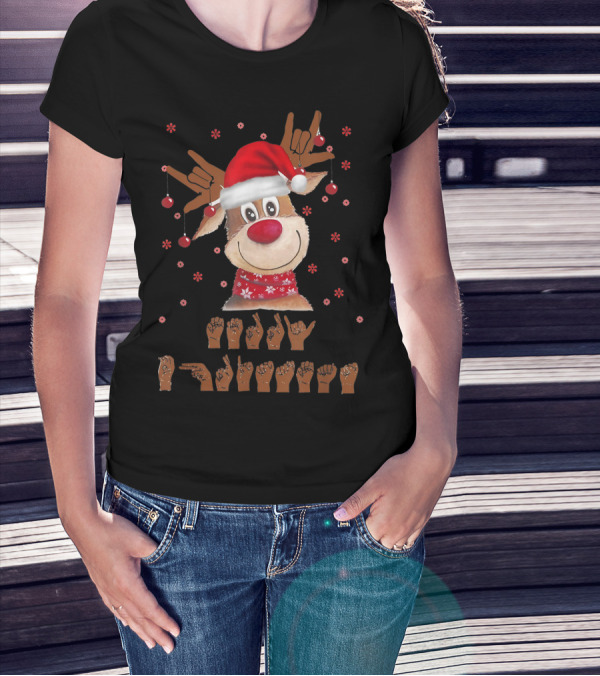 Merry Christmas Reindeer In Santa Hat With ASL Sign Language And Red Nose T-Shirt