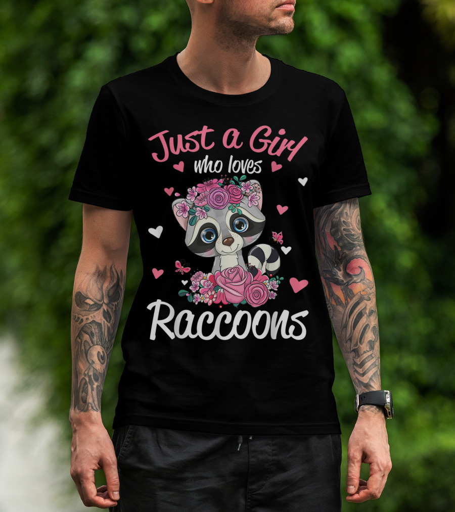 Just A Girl Who Loves Raccoons Floral Hearts T-Shirt