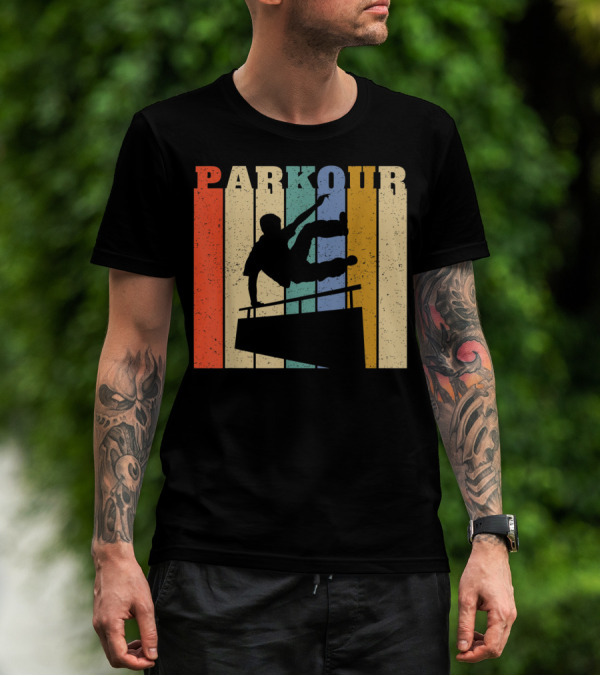 Retro Parkour Silhouette Against Striped Vintage Backdrop T-Shirt