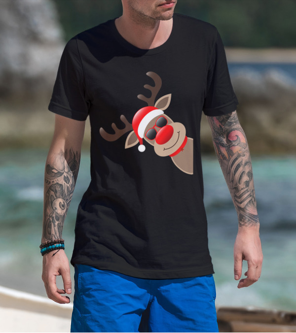 Rudolph Red Nose Reindeer Santa Hat Sunglasses T-Shirt