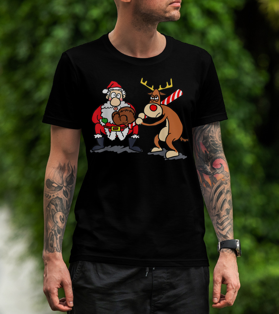 Santa Reindeer Candy Cane Baseball Softball Player Christmas T-Shirt