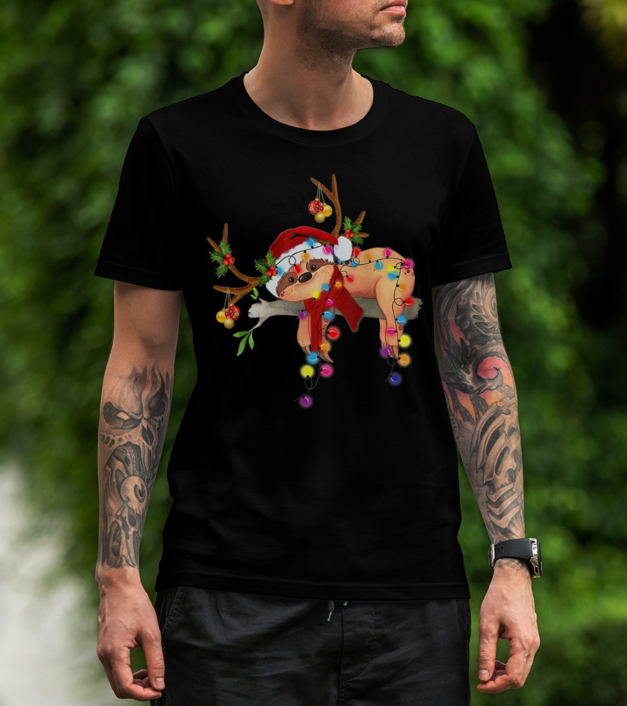 Santa Sloth Reindeer With Christmas Lights And Hat T-Shirt