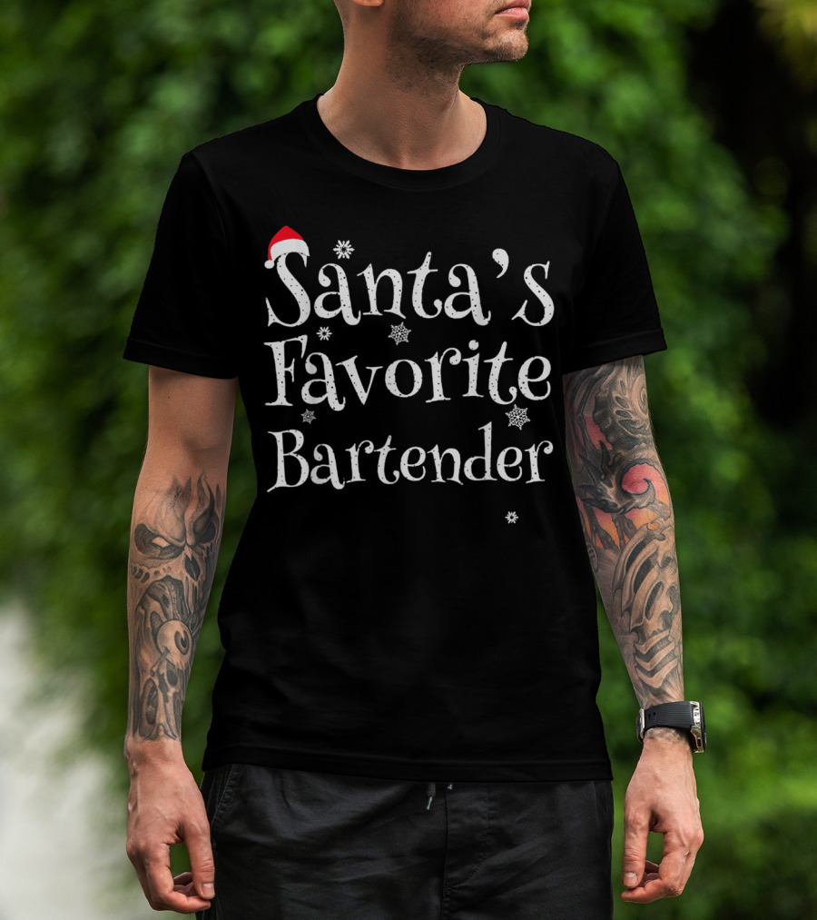 Santa's Favorite Bartender Christmas Profession Hat Snowflakes T-Shirt