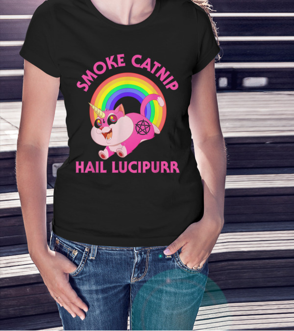 Smoke Catnip Hail Lucipurr Rainbow Unicorn Satanic Cat T-Shirt