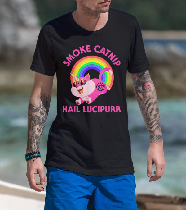 Smoke Catnip Hail Lucipurr Rainbow Unicorn Satanic Cat T-Shirt