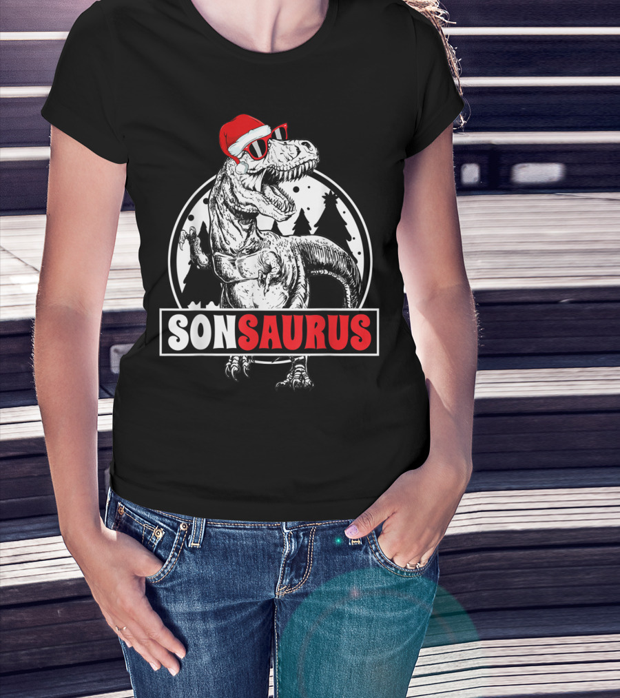 Sonsaurus Christmas Rex T-Rex Dinosaur Holiday Santa Hat T-Shirt