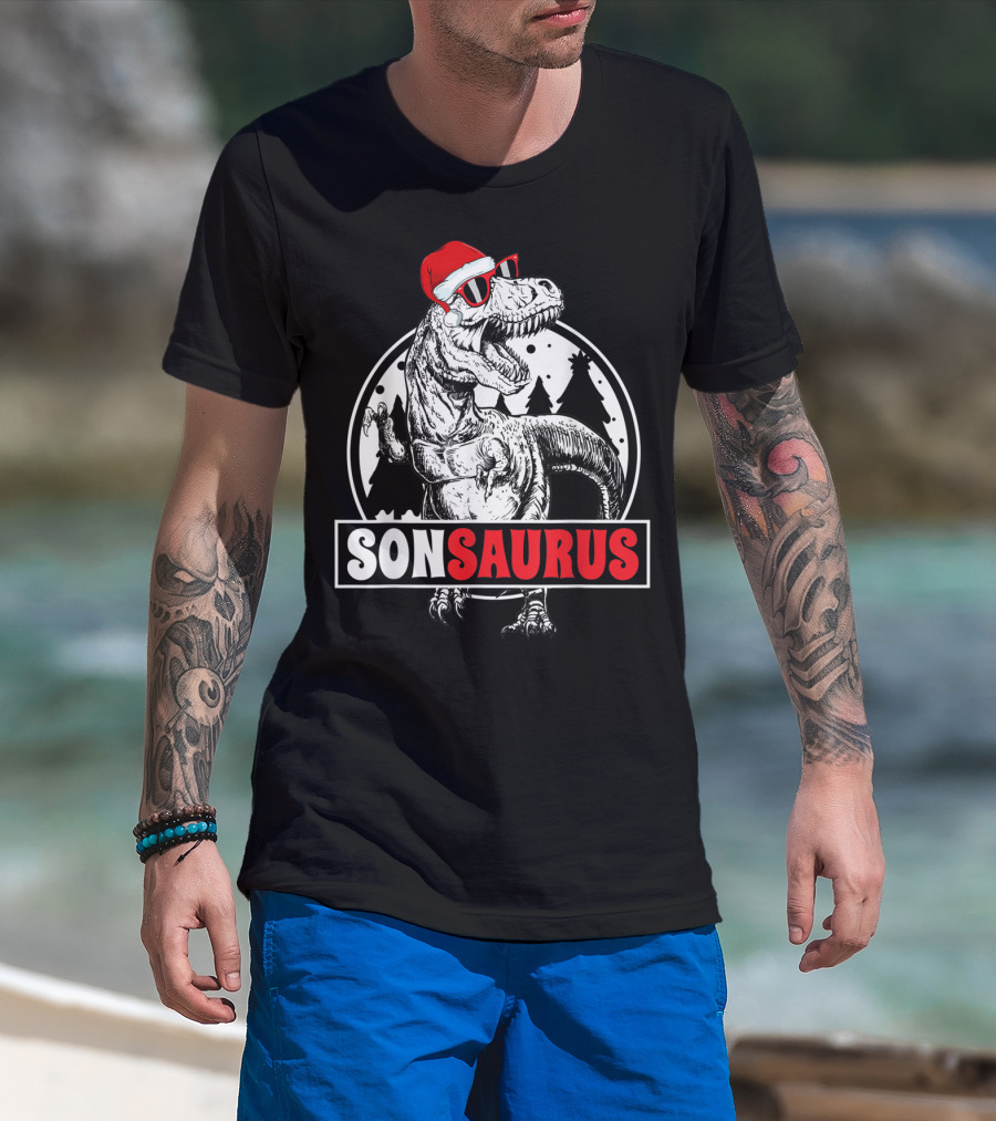 Sonsaurus Christmas Rex T-Rex Dinosaur Holiday Santa Hat T-Shirt