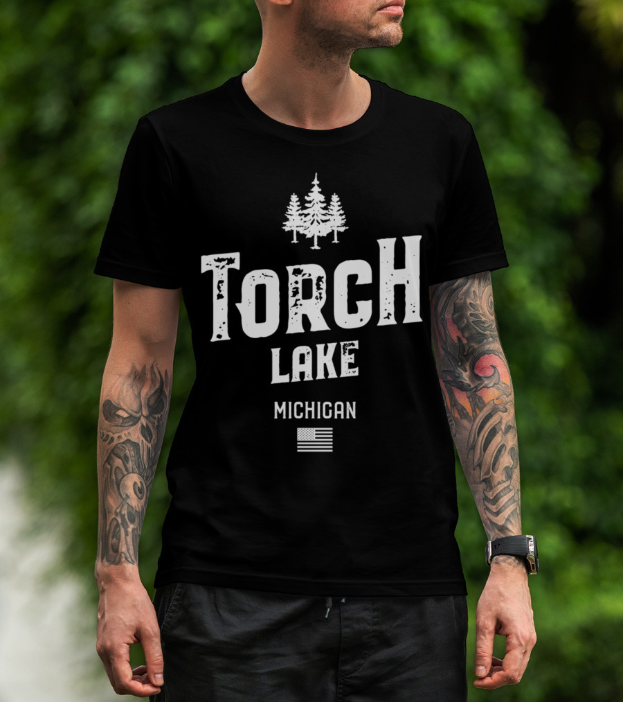 Torch Lake Michigan Trees And American Flag T-Shirt