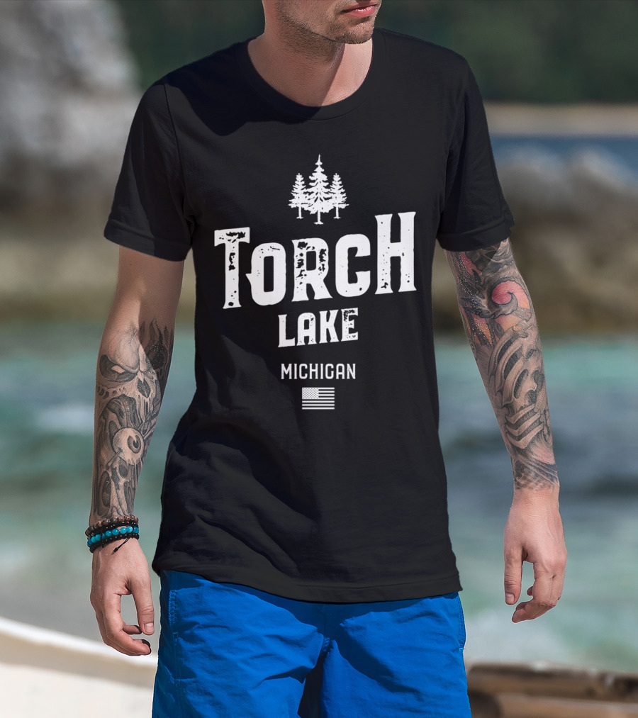 Torch Lake Michigan Trees And American Flag T-Shirt