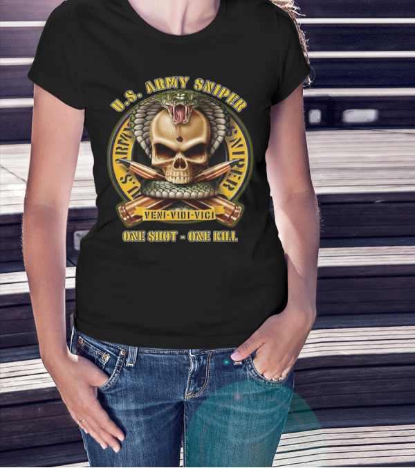 U.S. Army Sniper Veni Vidi Vici One Shot One Kill Skull Snake Badge T-Shirt