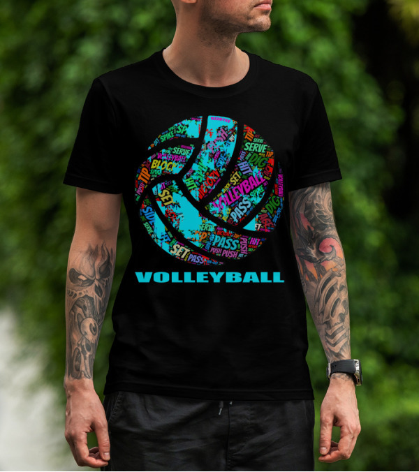 Volleyball Block Serve Dig Set Pass Spike Victory Words Colorful Ball T-Shirt