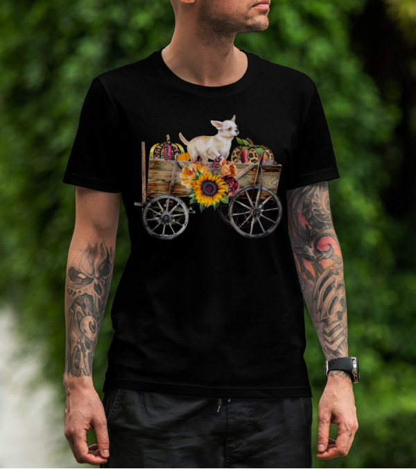 White Chihuahua In Wagon With Pumpkin And Sunflower T-Shirt