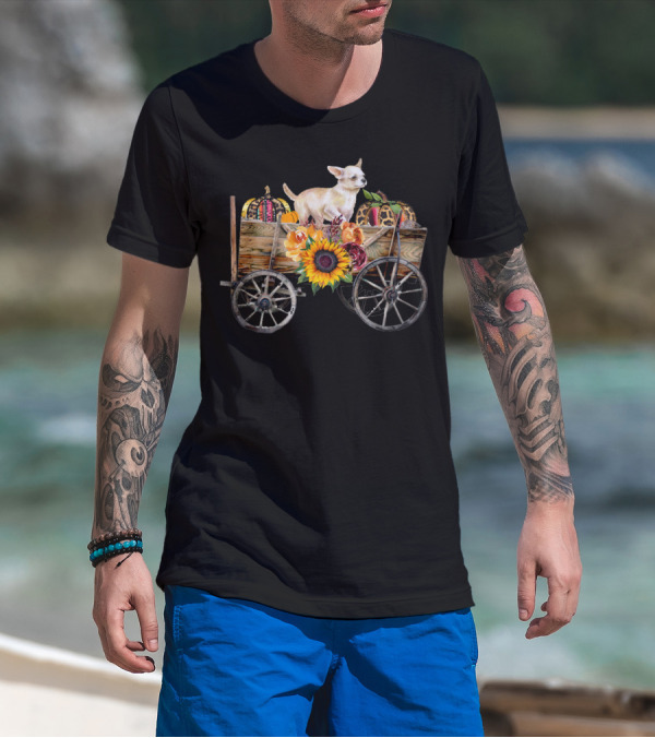 White Chihuahua In Wagon With Pumpkin And Sunflower T-Shirt