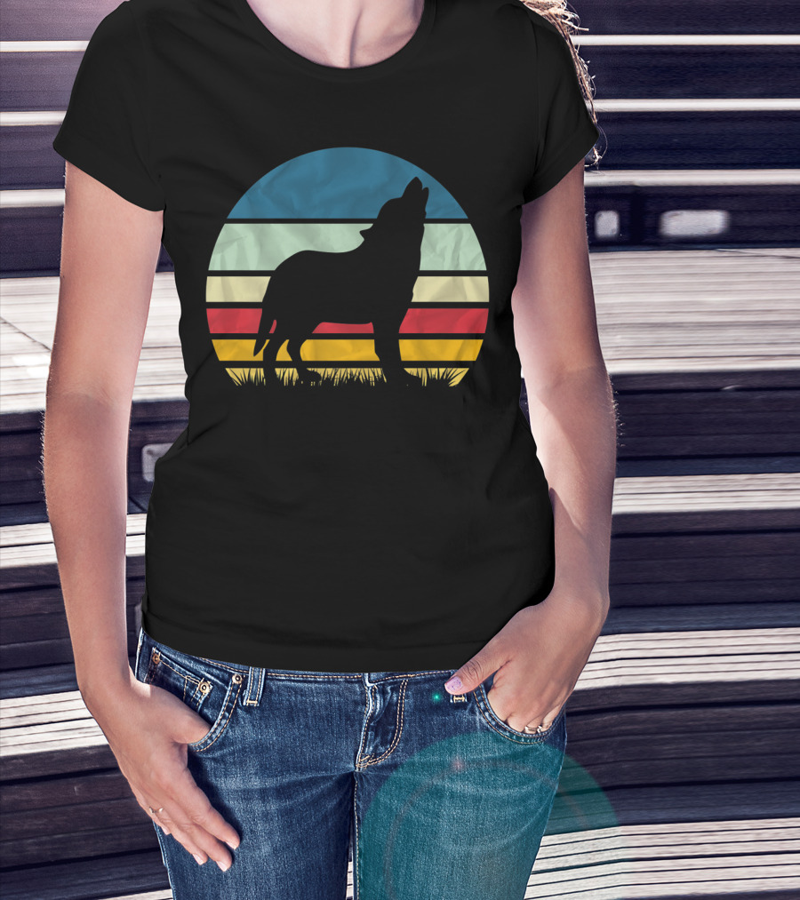 Retro Wolf Silhouette Vintage Sunset Stripes T-Shirt