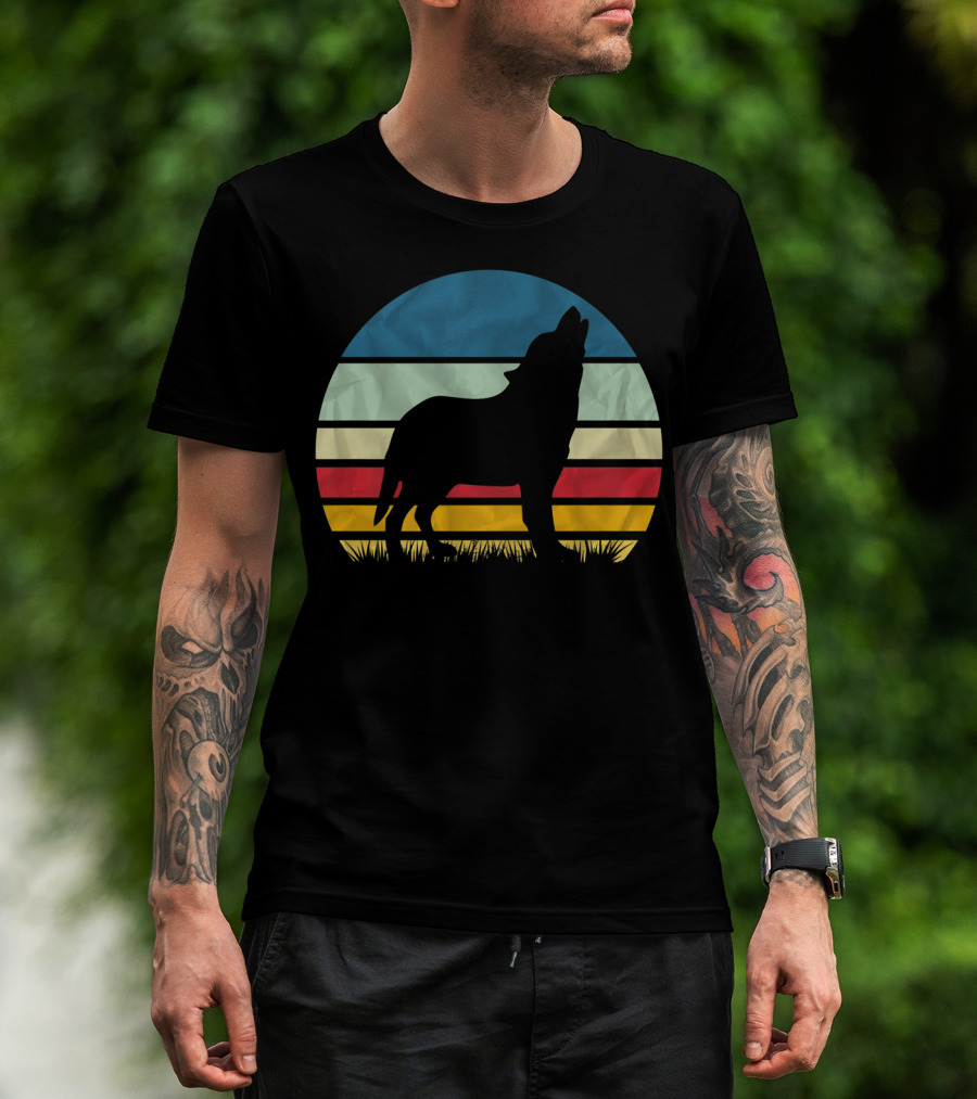Retro Wolf Silhouette Vintage Sunset Stripes T-Shirt