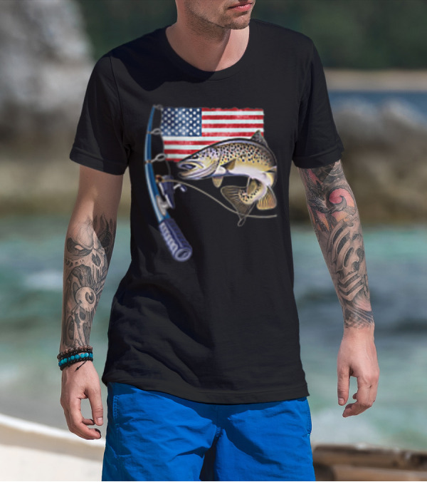 Fishing Hooked On A Feeling American Flag Rod Fish T-Shirt