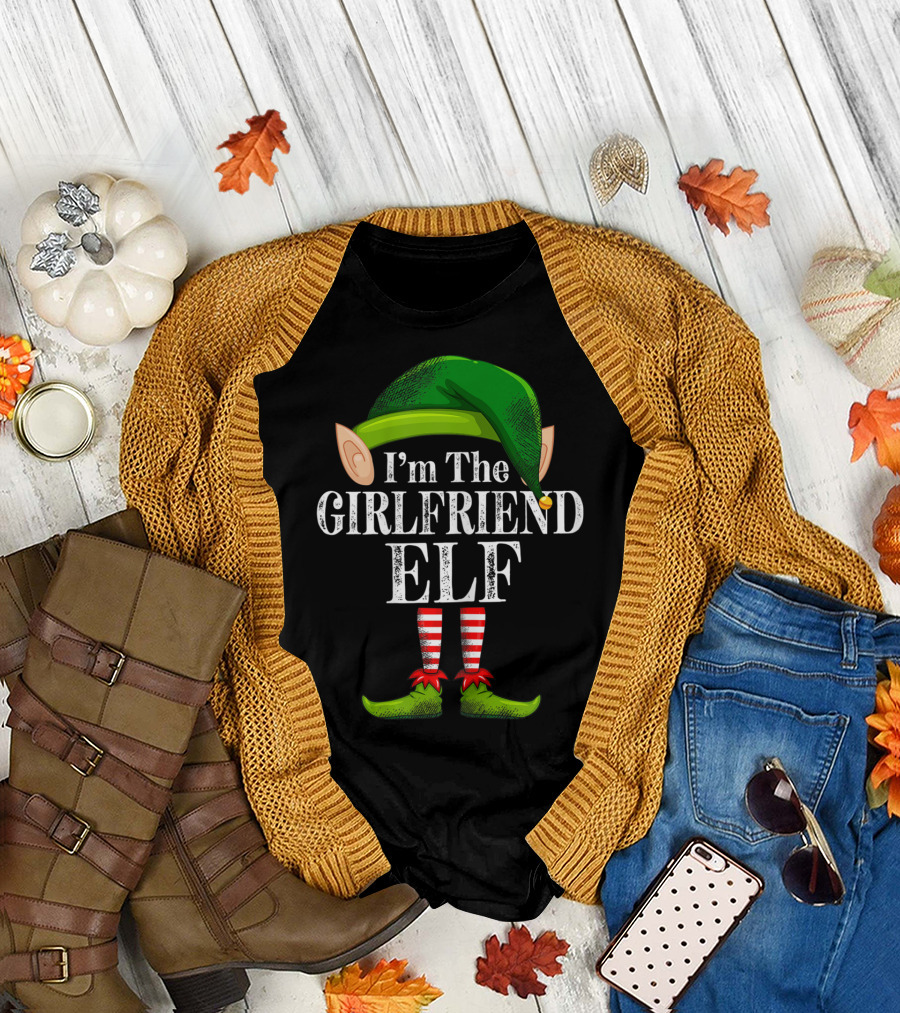 I'm The Girlfriend Elf Green Hat and Striped Stockings T-Shirt