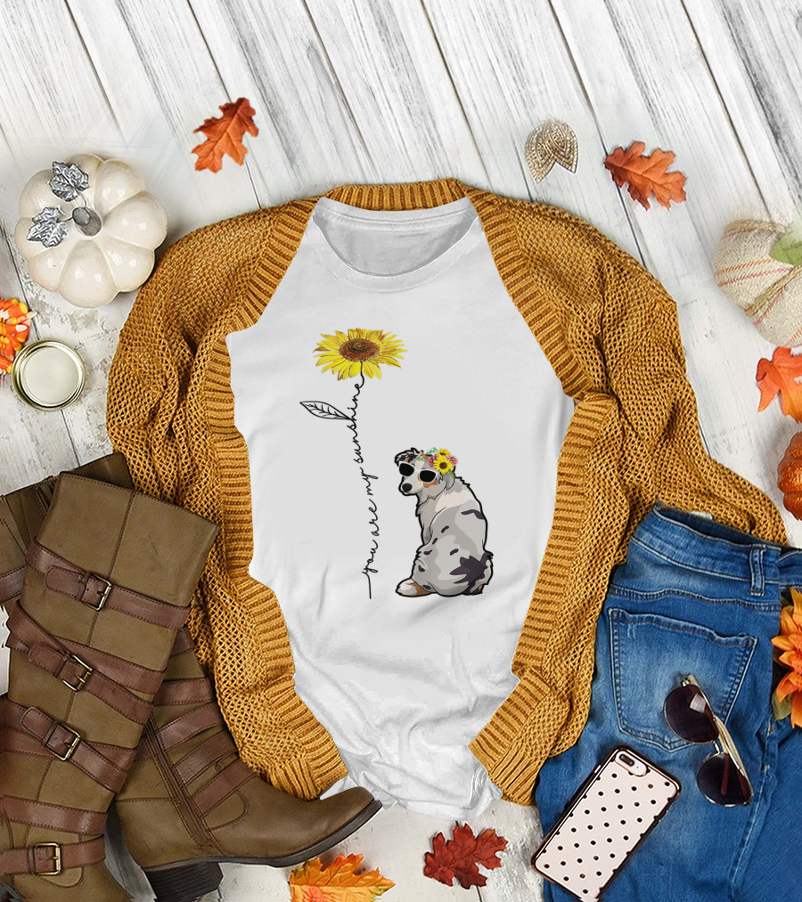 You Are My Sunshine Australian Shepherd Sunflower Sunglasses and Flower Crown T-Shirt