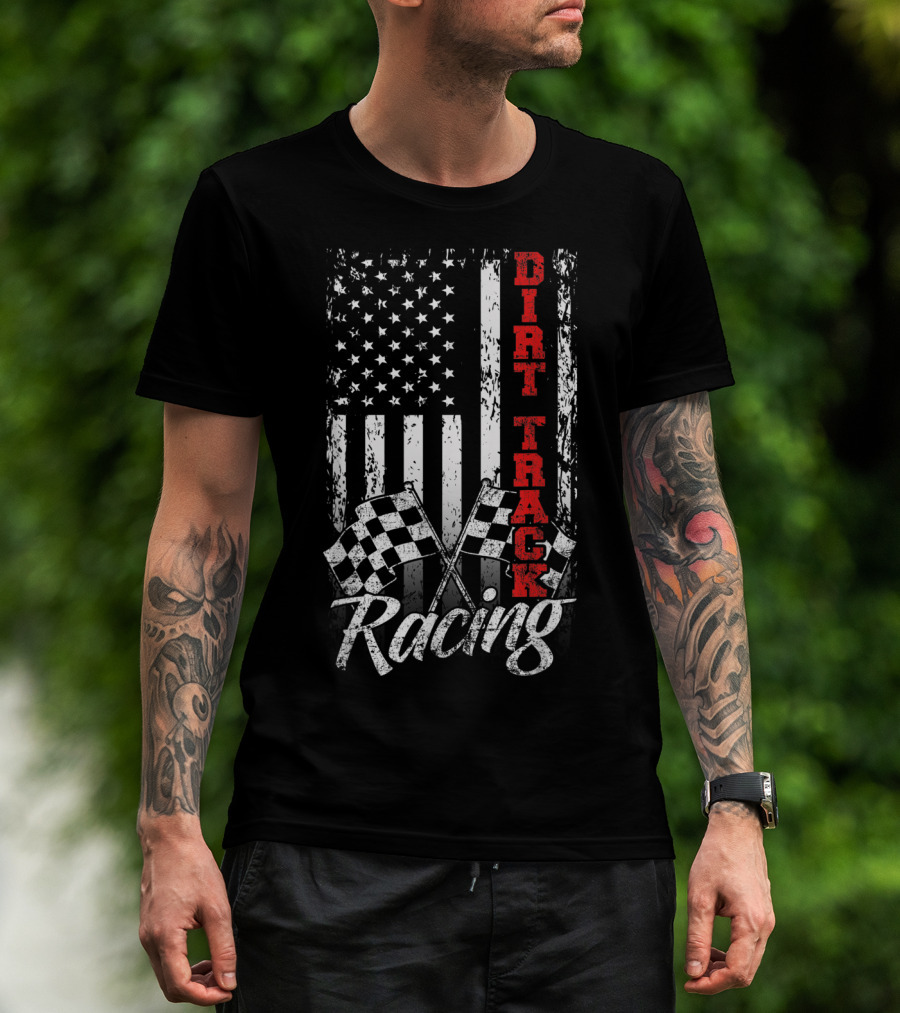Dirt Track Racing American Flag With Checkered Flags T-Shirt