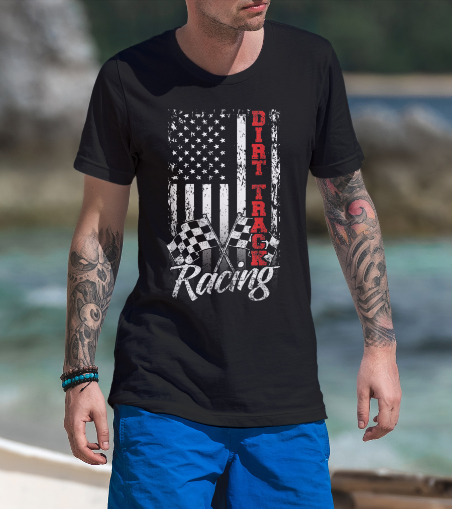 Dirt Track Racing American Flag With Checkered Flags T-Shirt