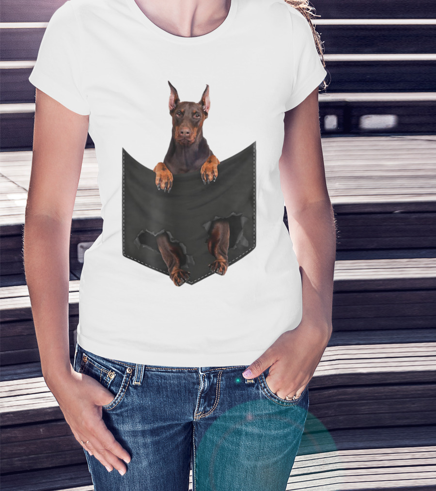 Doberman Pinscher Peeking From Ripped Pocket T-Shirt