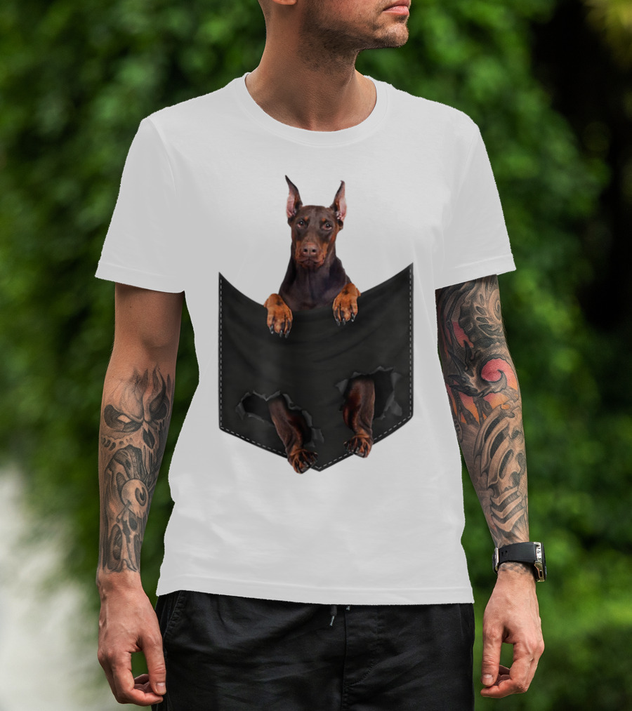 Doberman Pinscher Peeking From Ripped Pocket T-Shirt