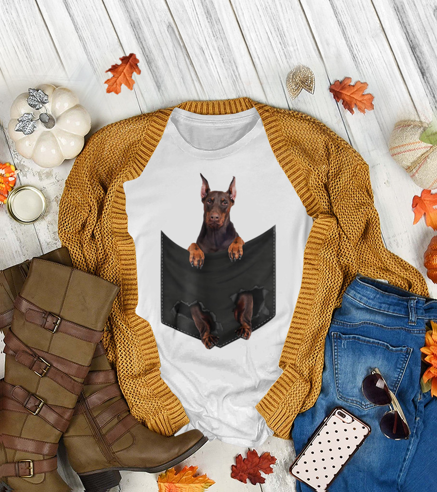 Doberman Pinscher Peeking from Ripped Pocket T-Shirt
