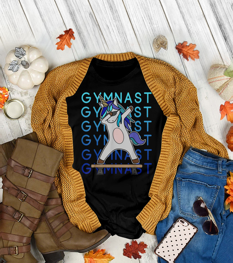 Gymnast Dabbing Unicorn with Blue Mane on Balance Beam for Girls Gymnastics T-Shirt