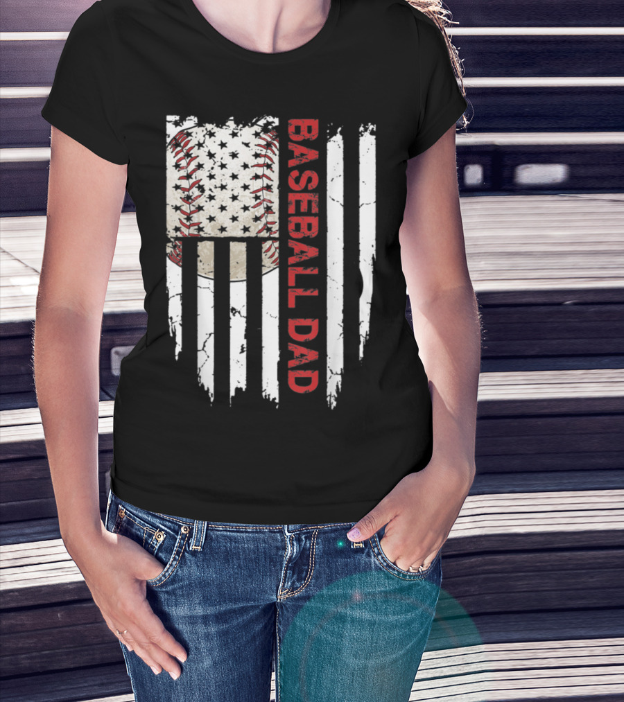 Baseball Dad American Flag Patriotic Stars Stripes Sports Enthusiast T-Shirt