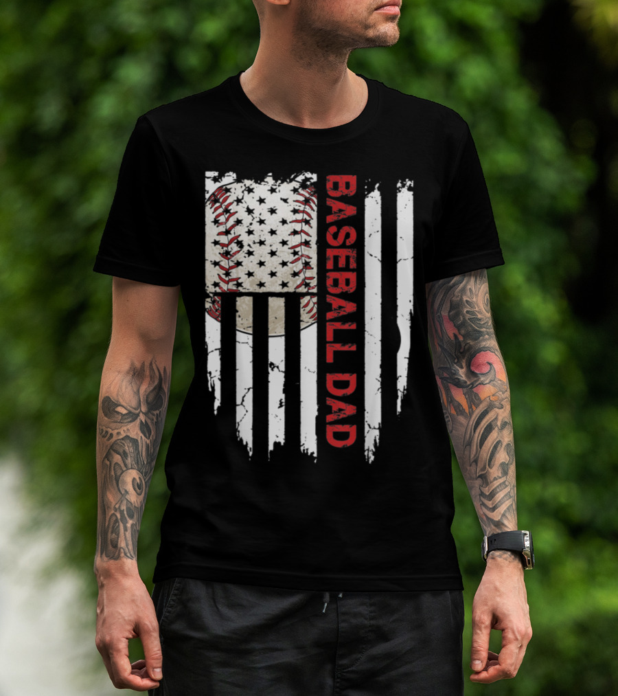 Baseball Dad American Flag Patriotic Stars Stripes Sports Enthusiast T-Shirt