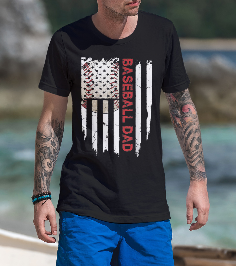 Baseball Dad American Flag Patriotic Stars Stripes Sports Enthusiast T-Shirt