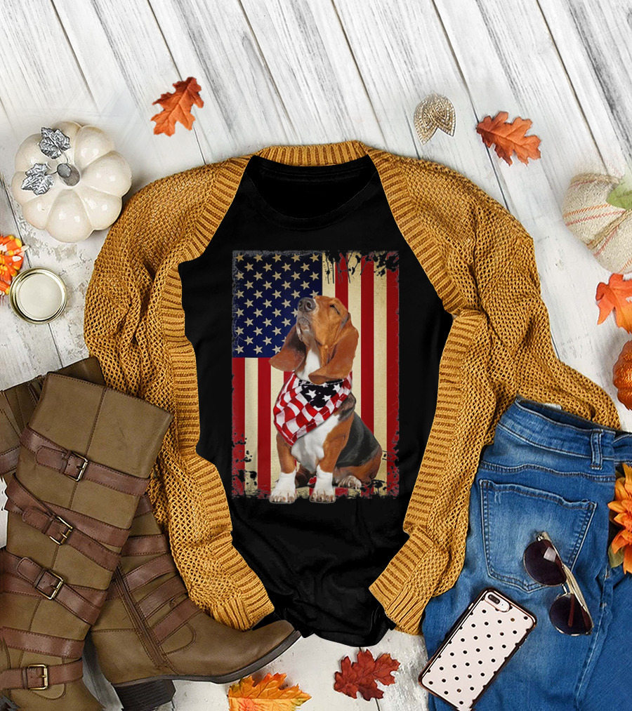 Basset Hound with American Flag Scarf Against USA Flag Background T-Shirt