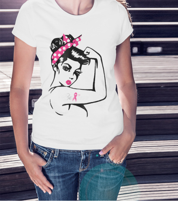 Breast Cancer Warrior Believe Support Awareness With Pink Ribbon And Polka Dot Rosie Bandana T-Shirt