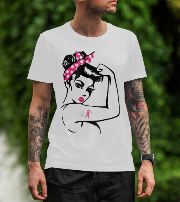 Breast Cancer Warrior Believe Support Awareness With Pink Ribbon And Polka Dot Rosie Bandana T-Shirt