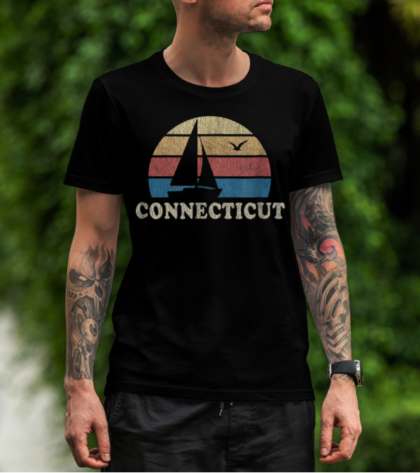 Connecticut 70s Vintage Sailboat Sunset Throwback T-Shirt