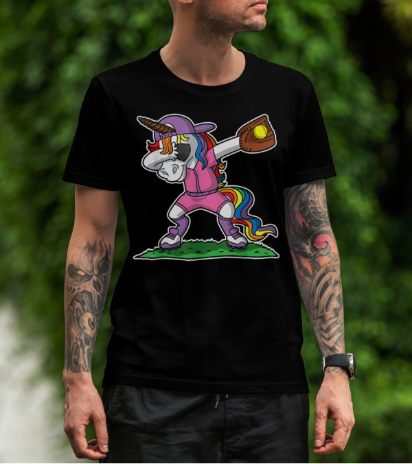 Dabbing Unicorn In Pink Softball Outfit With Glove And Ball T-Shirt
