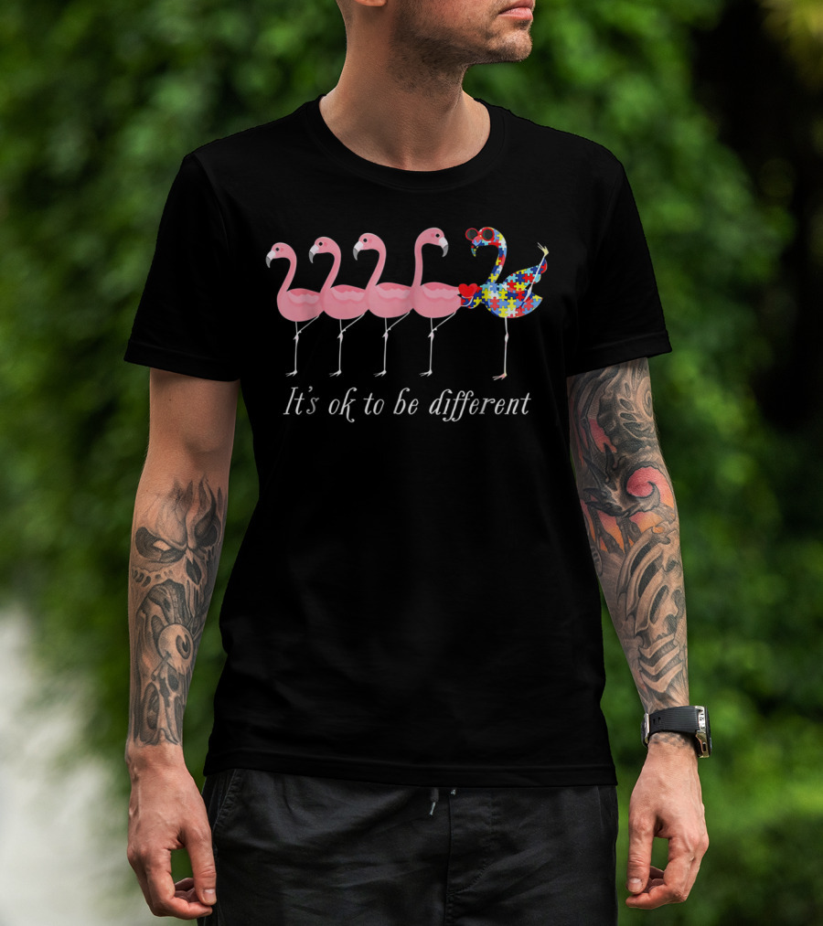 Flamingo It's Ok To Be Different Autism Awareness Puzzle Pattern Iconic T-Shirt